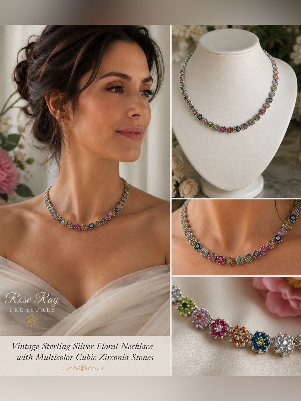 925 Sterling Silver Rhodium-Plated Multicolor CZ Floral Necklace Bracelet Set